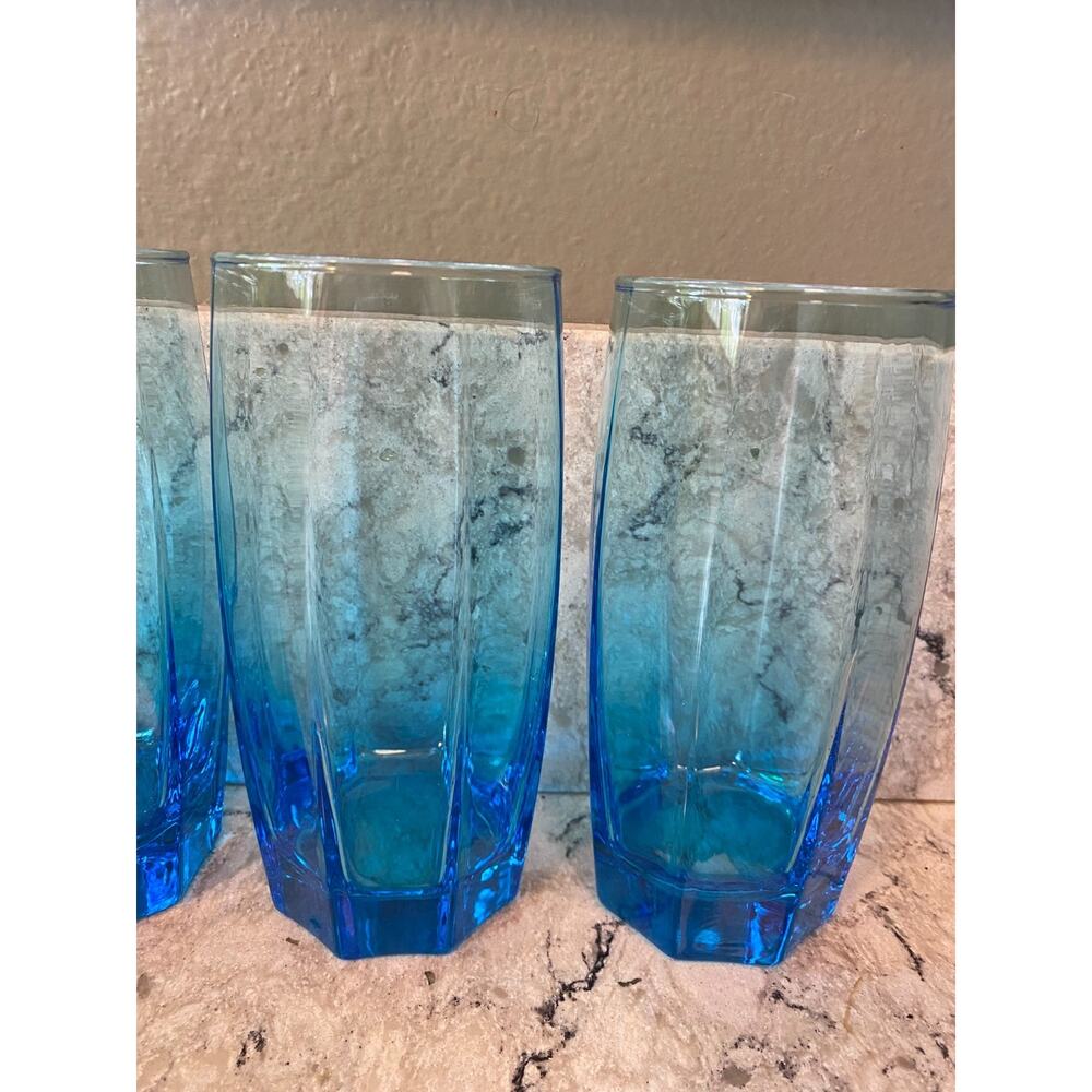 Vintage Set of 4 Cristar Amadeus Sky Blue Octagon Tumblers Blue Glasses 16 oz - Picture 3 of 9